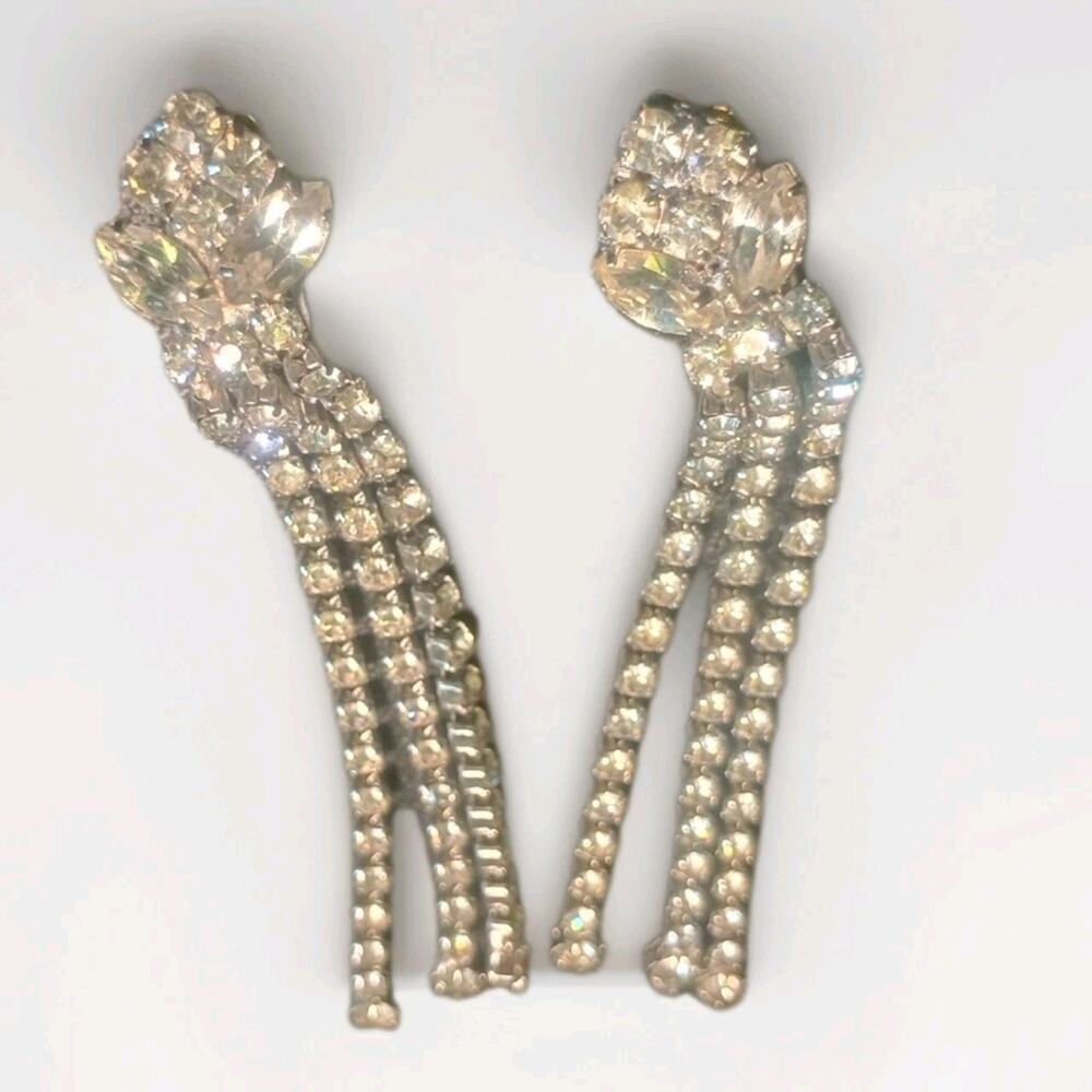 Vtg Art Deco Long Clear Rhinestone Emerald Cut Silver Tone Earrings Clip on